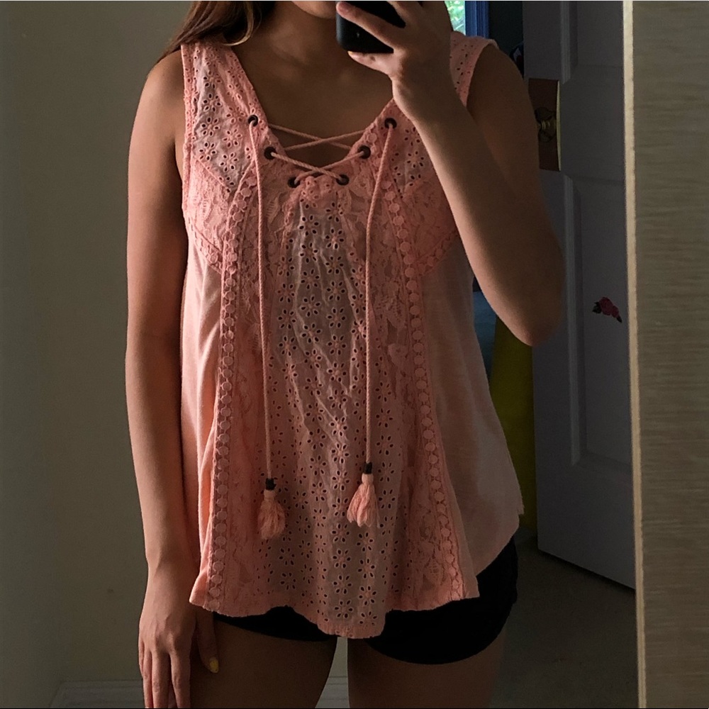 Taylor & Sage Tassel Lace Up Flowy Tank Top